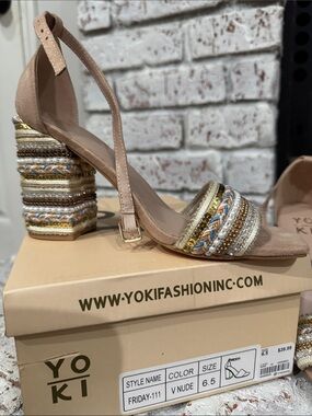 NEW Yoki Nude Braided Beaded Block Heels US Size 6.5